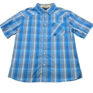 Outdoor Research Mens XL Blue Plaid Short Sleeve Button Up Shirt Pearl‎ Snap